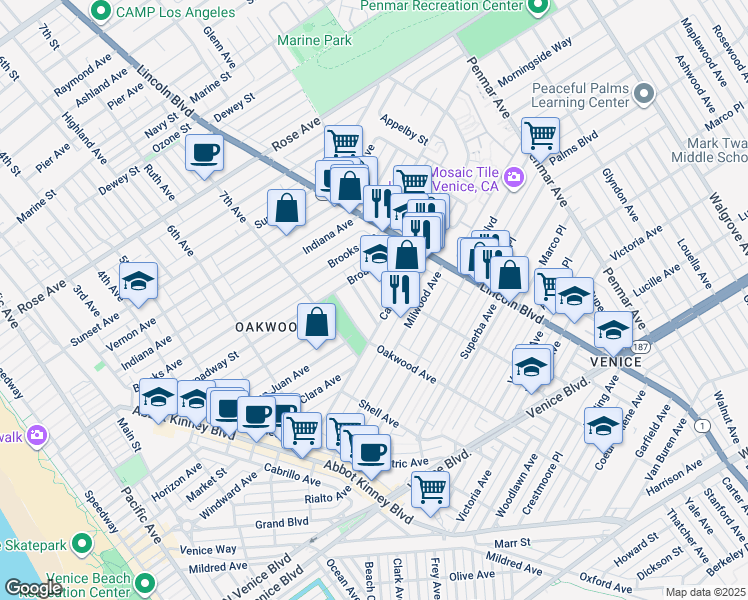 map of restaurants, bars, coffee shops, grocery stores, and more near 820 Broadway Street in Los Angeles