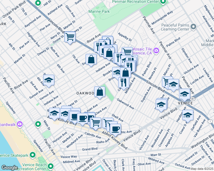 map of restaurants, bars, coffee shops, grocery stores, and more near 1014 Oakwood Avenue in Los Angeles