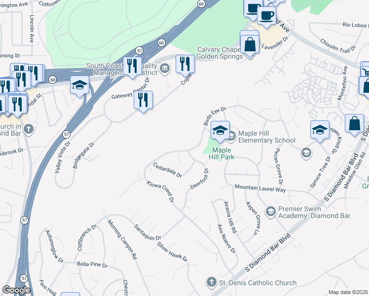 map of restaurants, bars, coffee shops, grocery stores, and more near 22077 Birds Eye Drive in Diamond Bar