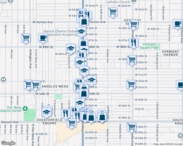 map of restaurants, bars, coffee shops, grocery stores, and more near 1731 West 51st Place in Los Angeles