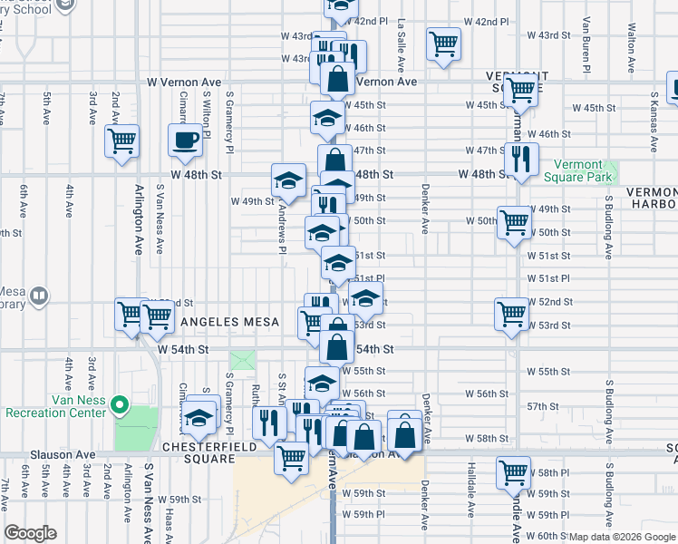 map of restaurants, bars, coffee shops, grocery stores, and more near 1731 West 51st Place in Los Angeles