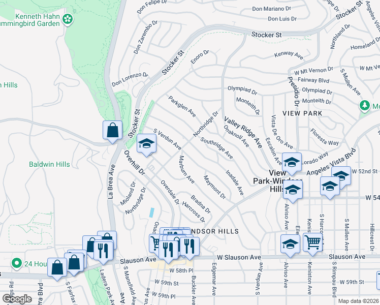 map of restaurants, bars, coffee shops, grocery stores, and more near 5018 South Verdun Avenue in View Park-Windsor Hills