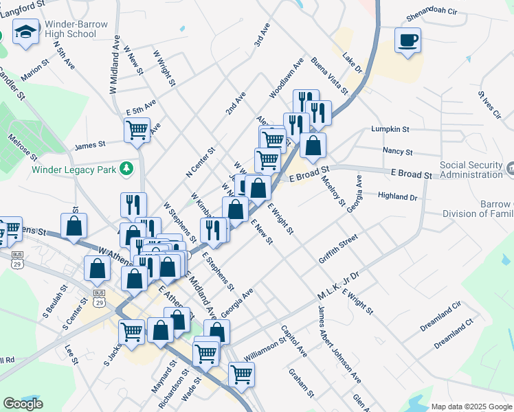 map of restaurants, bars, coffee shops, grocery stores, and more near 0 Jerome Street in Winder