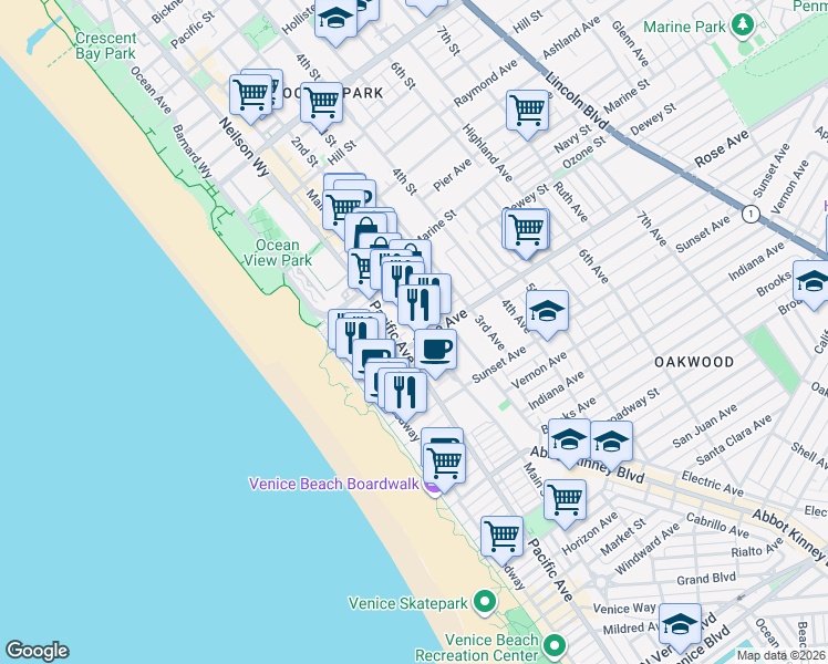 map of restaurants, bars, coffee shops, grocery stores, and more near 255 Main Street in Los Angeles
