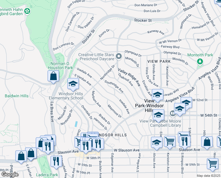 map of restaurants, bars, coffee shops, grocery stores, and more near 5057 Inaglen Way in View Park-Windsor Hills