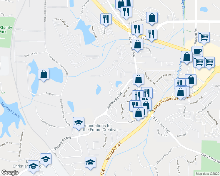 map of restaurants, bars, coffee shops, grocery stores, and more near 1899 Stancrest Trace Northwest in Kennesaw