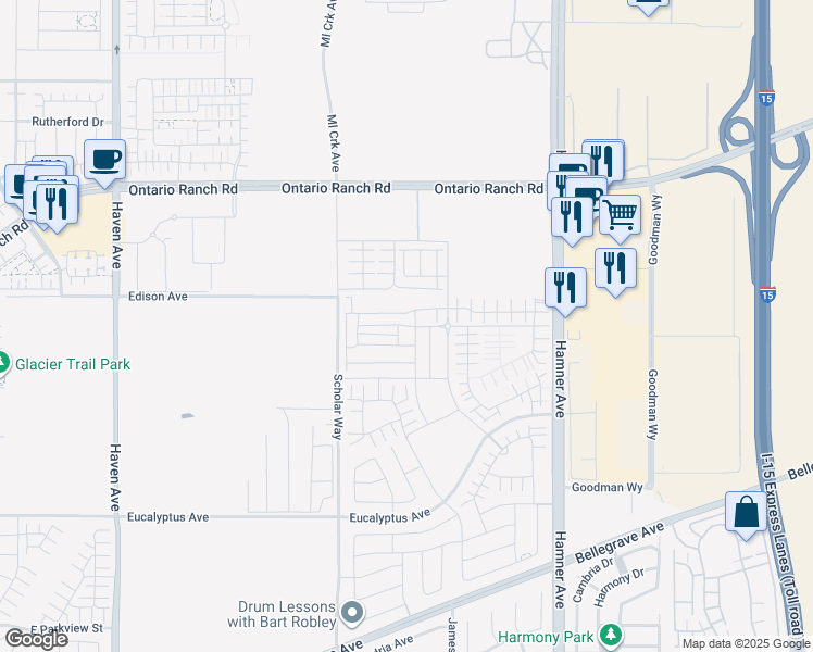 map of restaurants, bars, coffee shops, grocery stores, and more near 4273 East Rincon Street in Ontario