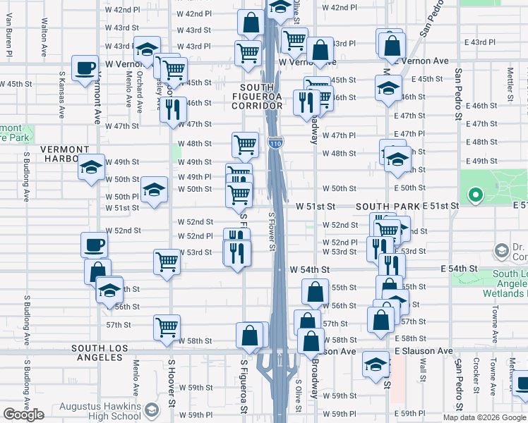 map of restaurants, bars, coffee shops, grocery stores, and more near 417 West 52nd Street in Los Angeles