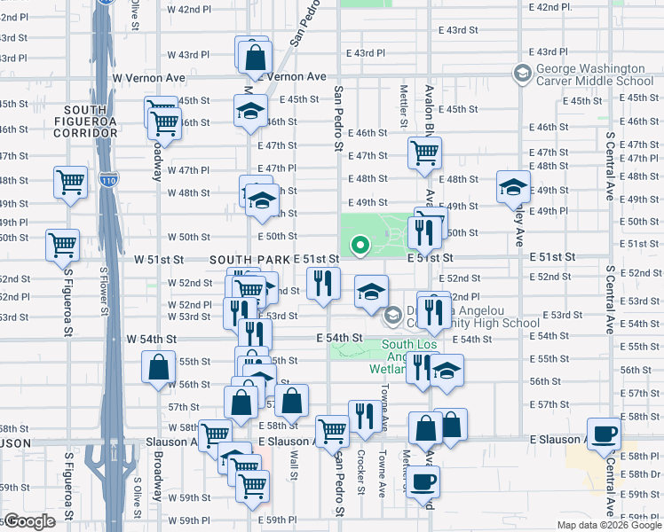 map of restaurants, bars, coffee shops, grocery stores, and more near 300 East 51st Street in Los Angeles