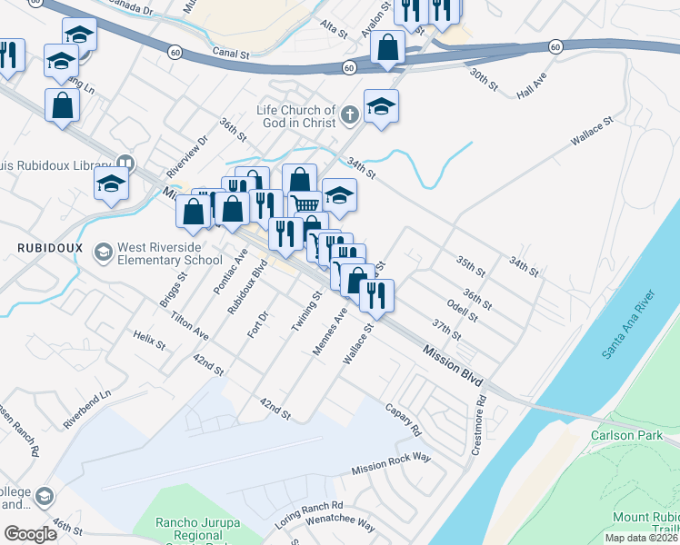 map of restaurants, bars, coffee shops, grocery stores, and more near 3752 Mintern Street in Riverside