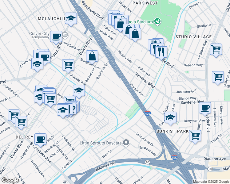 map of restaurants, bars, coffee shops, grocery stores, and more near 4826 Coolidge Avenue in Culver City