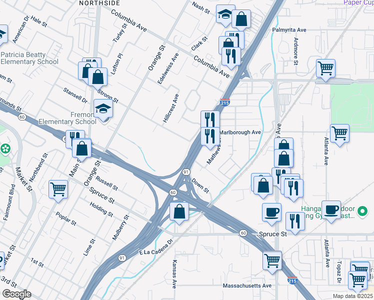 map of restaurants, bars, coffee shops, grocery stores, and more near 1769 West La Cadena Drive in Riverside