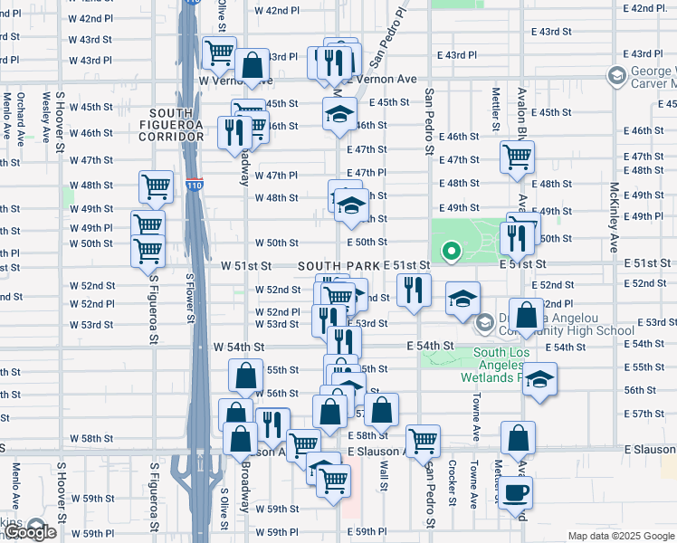 map of restaurants, bars, coffee shops, grocery stores, and more near 5125 South Main Street in Los Angeles