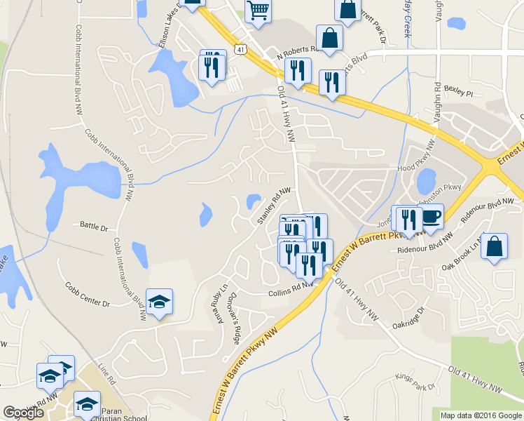 map of restaurants, bars, coffee shops, grocery stores, and more near 1728 Stanwood Drive Northwest in Kennesaw