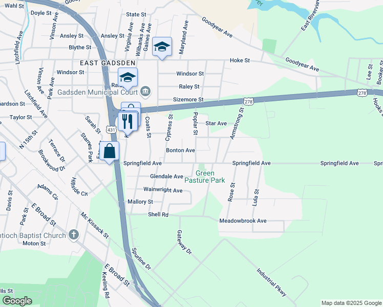 map of restaurants, bars, coffee shops, grocery stores, and more near 1122 Springfield Avenue in Gadsden