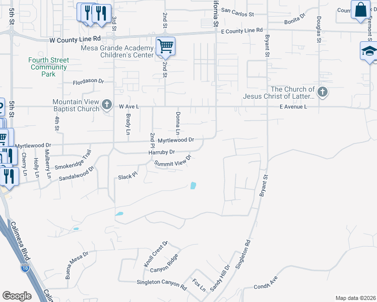 map of restaurants, bars, coffee shops, grocery stores, and more near 177 Myrtlewood Drive in Calimesa
