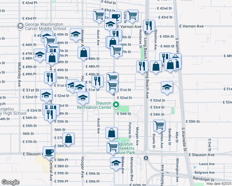 map of restaurants, bars, coffee shops, grocery stores, and more near 5110 Compton Avenue in Los Angeles