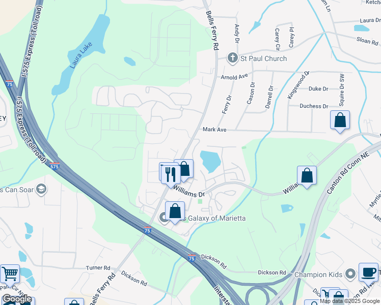 map of restaurants, bars, coffee shops, grocery stores, and more near 370 Oak Harbor Trail in Marietta