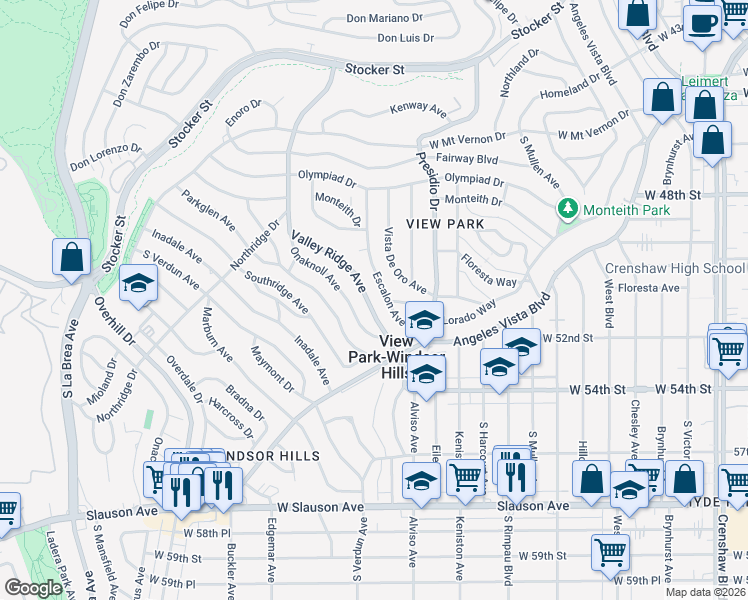 map of restaurants, bars, coffee shops, grocery stores, and more near 5138 Valley Ridge Avenue in View Park-Windsor Hills