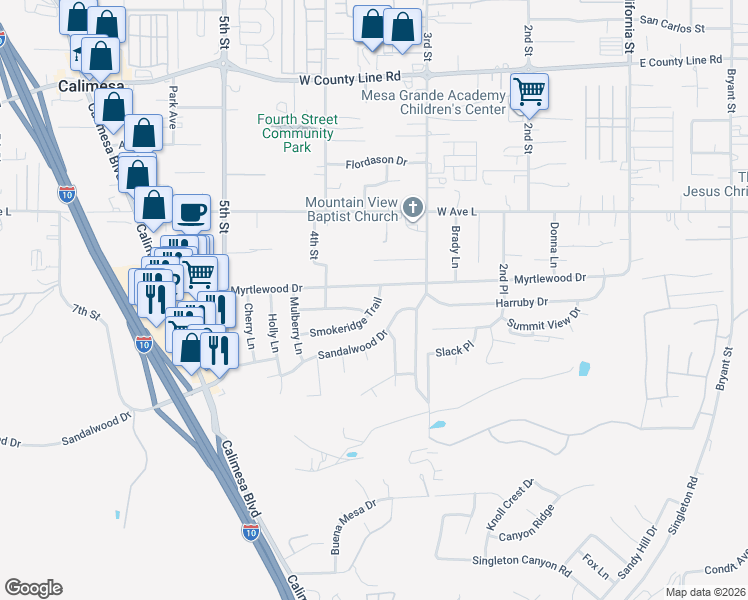 map of restaurants, bars, coffee shops, grocery stores, and more near 344 Smokeridge Trail in Calimesa