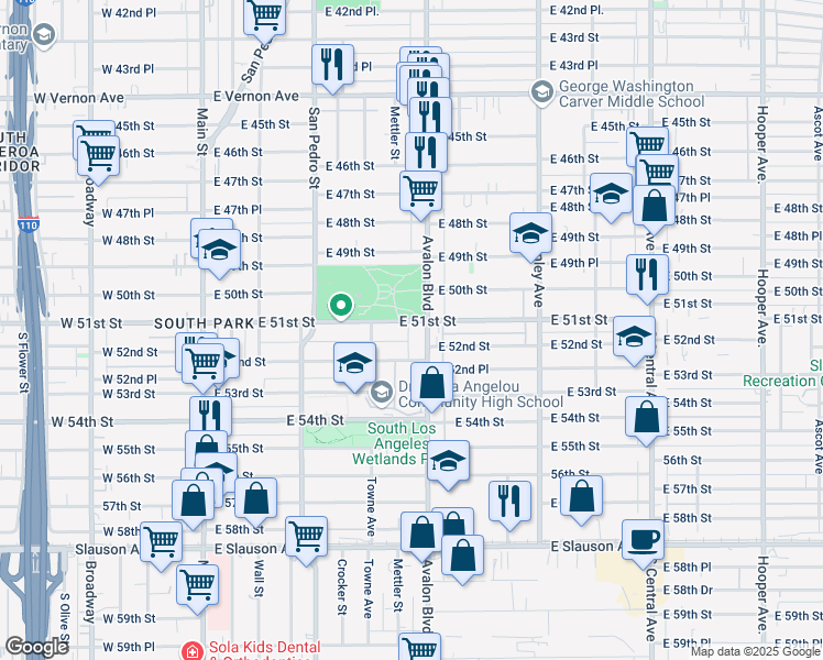 map of restaurants, bars, coffee shops, grocery stores, and more near 438 East 51st Street in Los Angeles