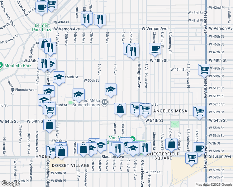 map of restaurants, bars, coffee shops, grocery stores, and more near 5130 4th Avenue in Los Angeles