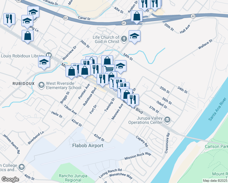 map of restaurants, bars, coffee shops, grocery stores, and more near 5543 Mission Boulevard in Riverside