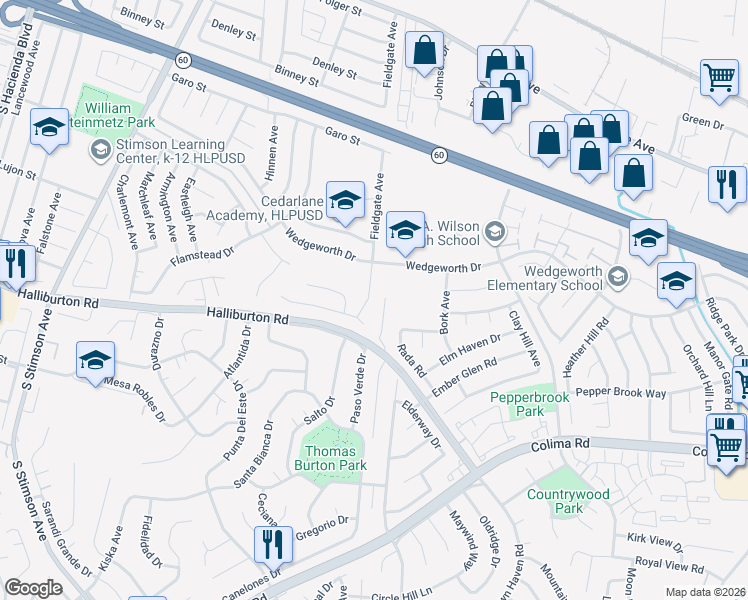 map of restaurants, bars, coffee shops, grocery stores, and more near 1724 Fieldgate Avenue in Hacienda Heights