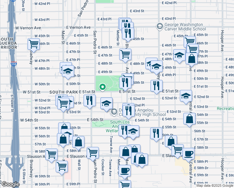 map of restaurants, bars, coffee shops, grocery stores, and more near 420 East 51st Street in Los Angeles