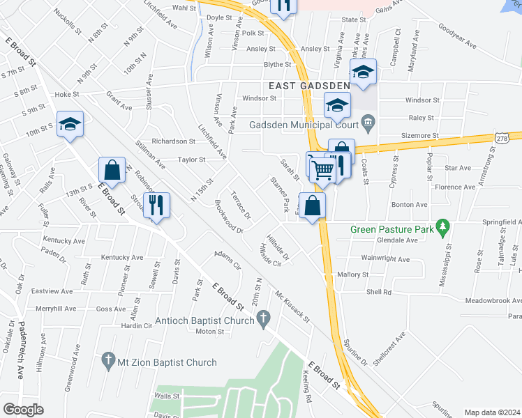 map of restaurants, bars, coffee shops, grocery stores, and more near 1563 Litchfield Avenue in Gadsden