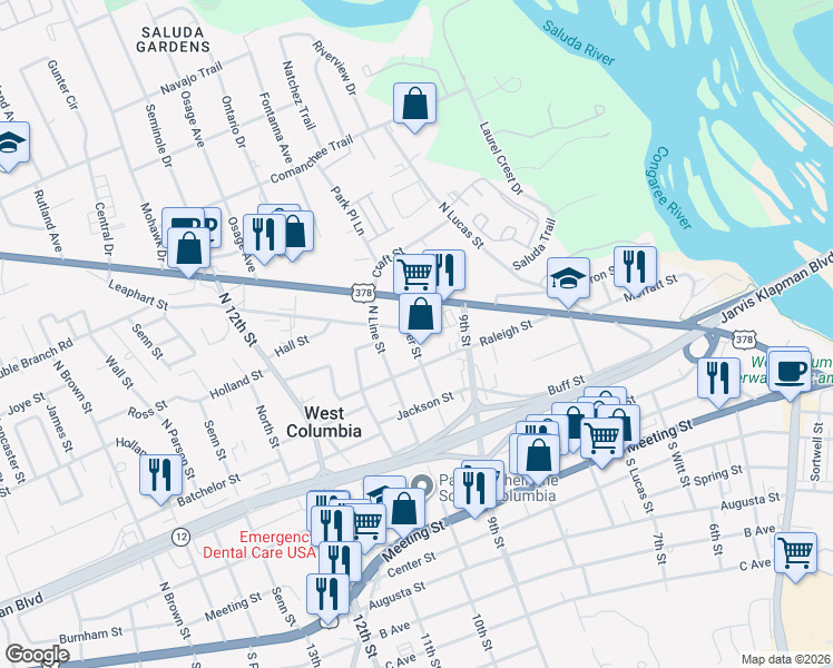map of restaurants, bars, coffee shops, grocery stores, and more near 518 Jasper Street in West Columbia