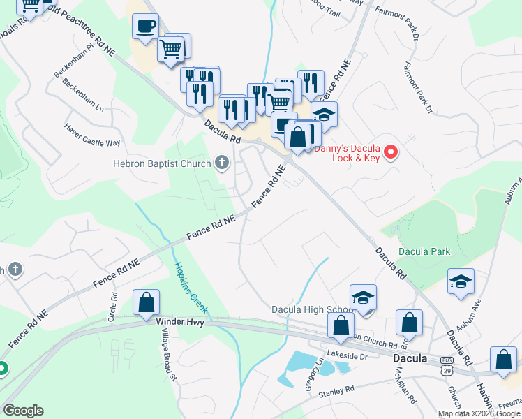 map of restaurants, bars, coffee shops, grocery stores, and more near 2380 Fence Road Northeast in Dacula