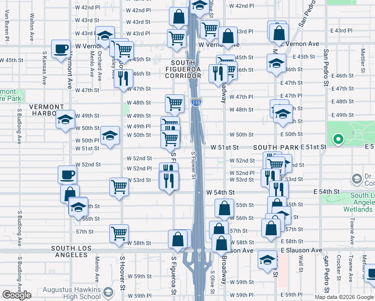 map of restaurants, bars, coffee shops, grocery stores, and more near 417 West 52nd Street in Los Angeles