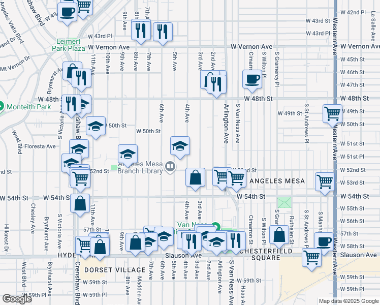 map of restaurants, bars, coffee shops, grocery stores, and more near 5130 4th Avenue in Los Angeles