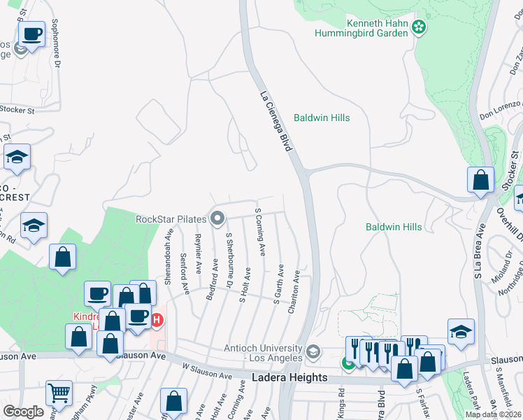 map of restaurants, bars, coffee shops, grocery stores, and more near 5101 South Corning Avenue in Los Angeles