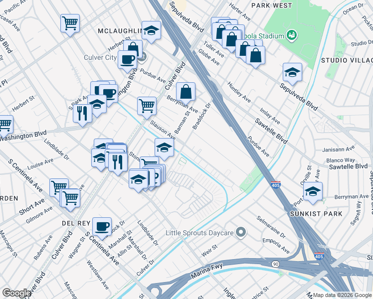 map of restaurants, bars, coffee shops, grocery stores, and more near 4715 South Slauson Avenue in Culver City