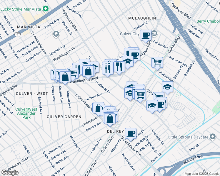 map of restaurants, bars, coffee shops, grocery stores, and more near 4270 Lindblade Drive in Los Angeles