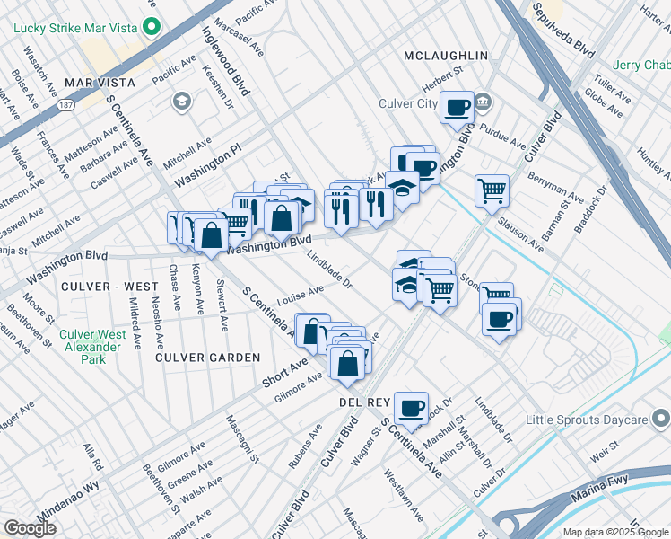 map of restaurants, bars, coffee shops, grocery stores, and more near 4270 Lindblade Drive in Los Angeles