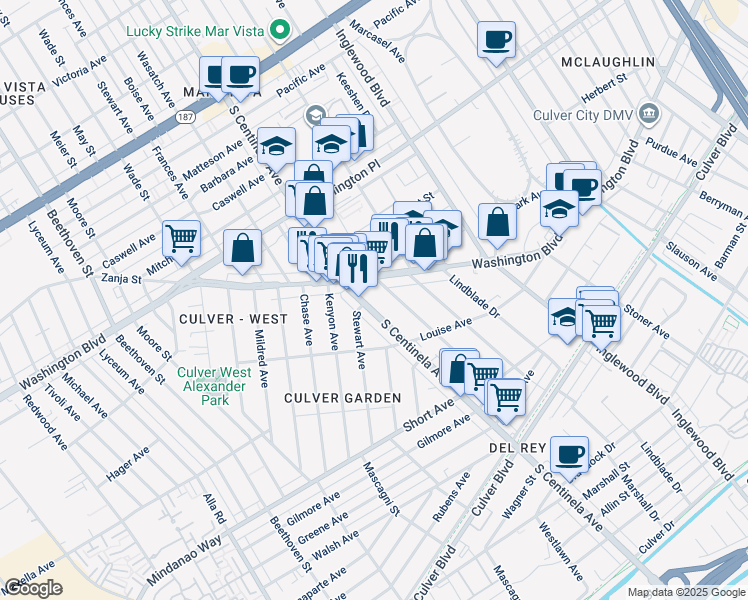 map of restaurants, bars, coffee shops, grocery stores, and more near 4224 South Centinela Avenue in Los Angeles