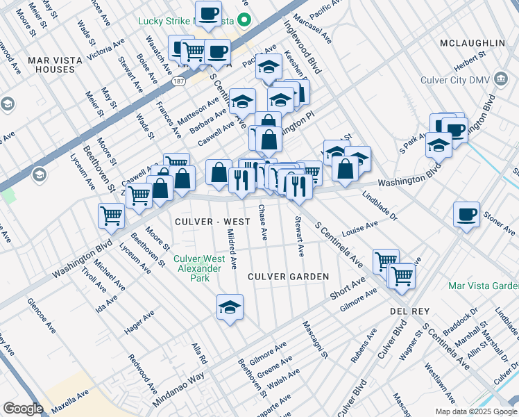 map of restaurants, bars, coffee shops, grocery stores, and more near 4132 Chase Avenue in Los Angeles
