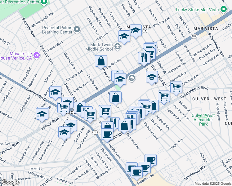 map of restaurants, bars, coffee shops, grocery stores, and more near 2445 Walgrove Avenue in Los Angeles