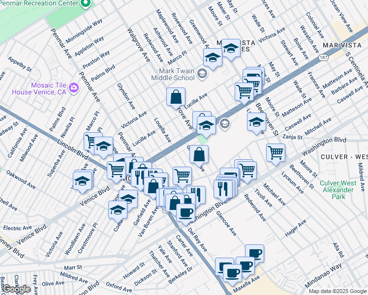 map of restaurants, bars, coffee shops, grocery stores, and more near 2418 Louella Avenue in Los Angeles