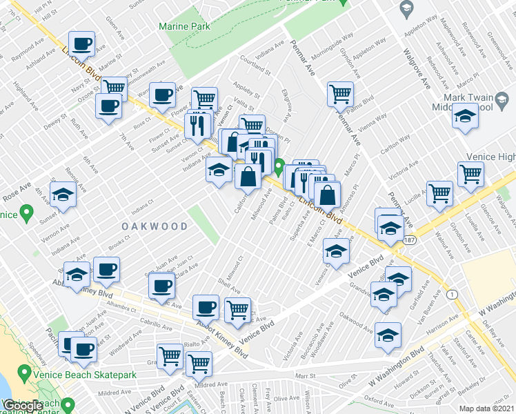 map of restaurants, bars, coffee shops, grocery stores, and more near 902 Milwood Avenue in Los Angeles