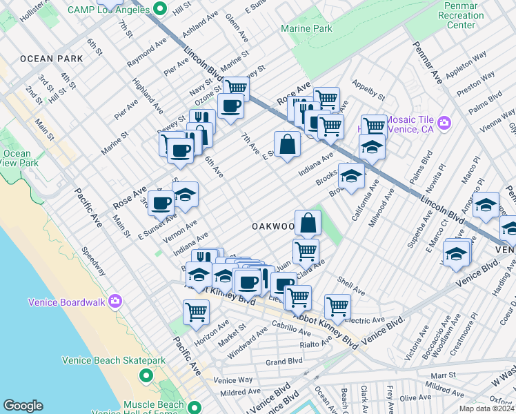 map of restaurants, bars, coffee shops, grocery stores, and more near in Los Angeles