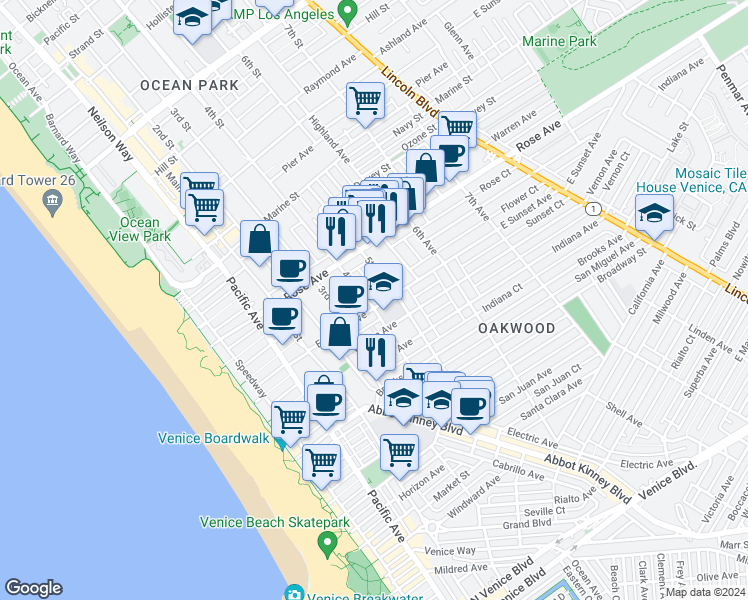 map of restaurants, bars, coffee shops, grocery stores, and more near 360 Hampton Drive in Los Angeles