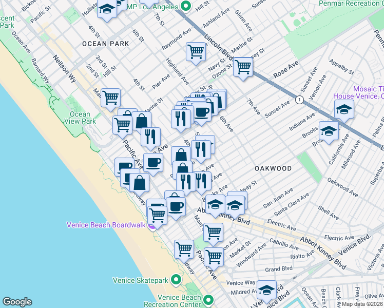 map of restaurants, bars, coffee shops, grocery stores, and more near 354 3rd Avenue in Los Angeles