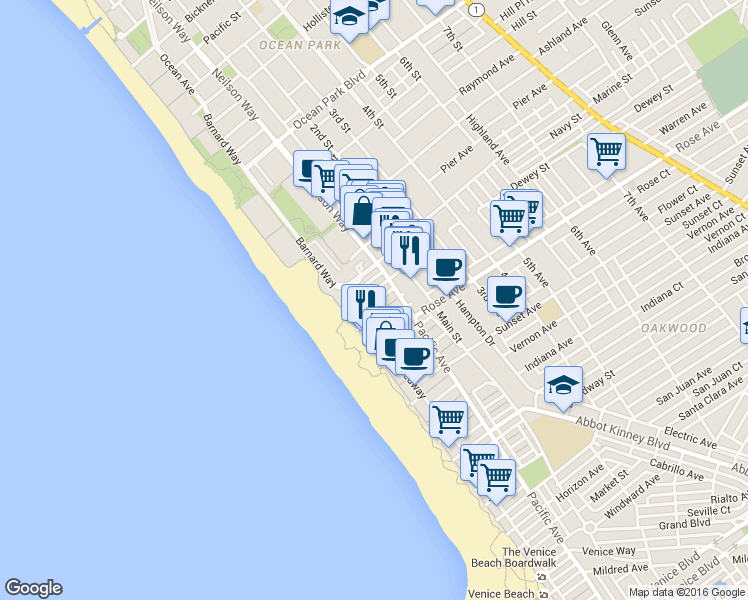 map of restaurants, bars, coffee shops, grocery stores, and more near 22 Navy Court in Los Angeles
