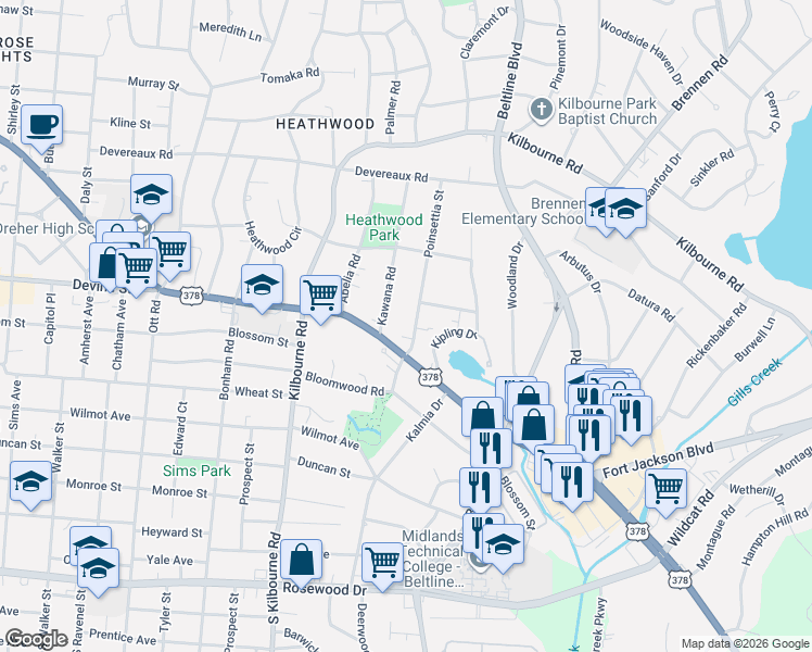 map of restaurants, bars, coffee shops, grocery stores, and more near 709 Poinsettia Street in Columbia