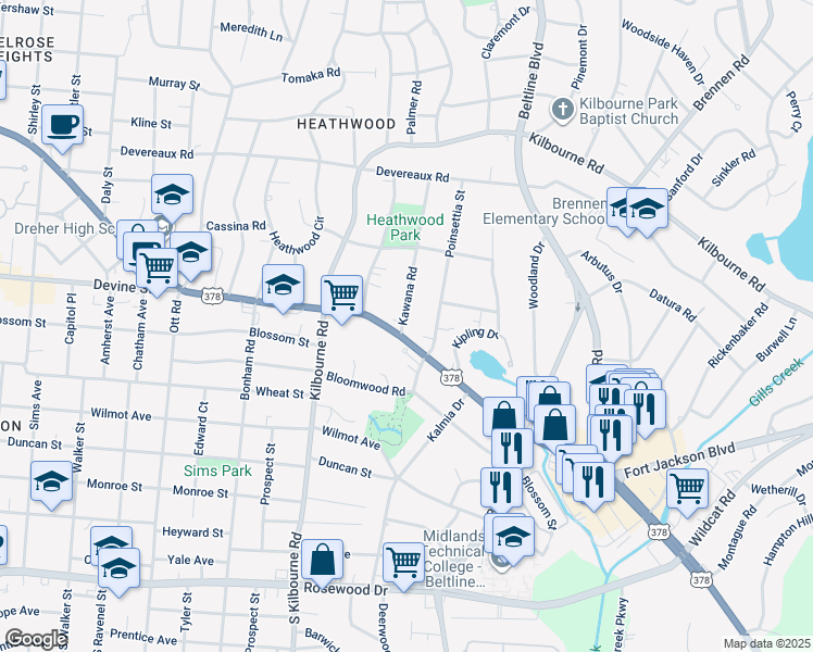 map of restaurants, bars, coffee shops, grocery stores, and more near 709 Poinsettia Street in Columbia