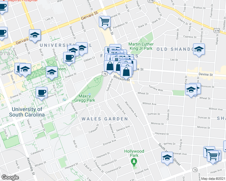 map of restaurants, bars, coffee shops, grocery stores, and more near 508 Edisto Avenue in Columbia